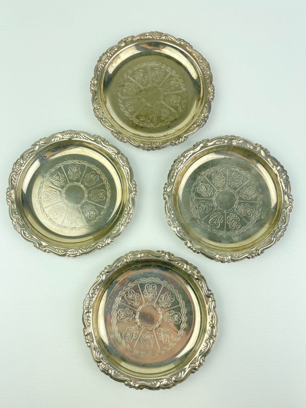 Coasters Silver Plated Plate EP Steel Set of 4 Wine Antique VTG Barware Italy